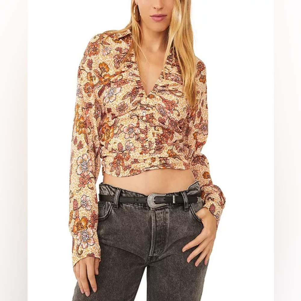 Free People Got You Floral-Print Smocked Cropped Top Size Small